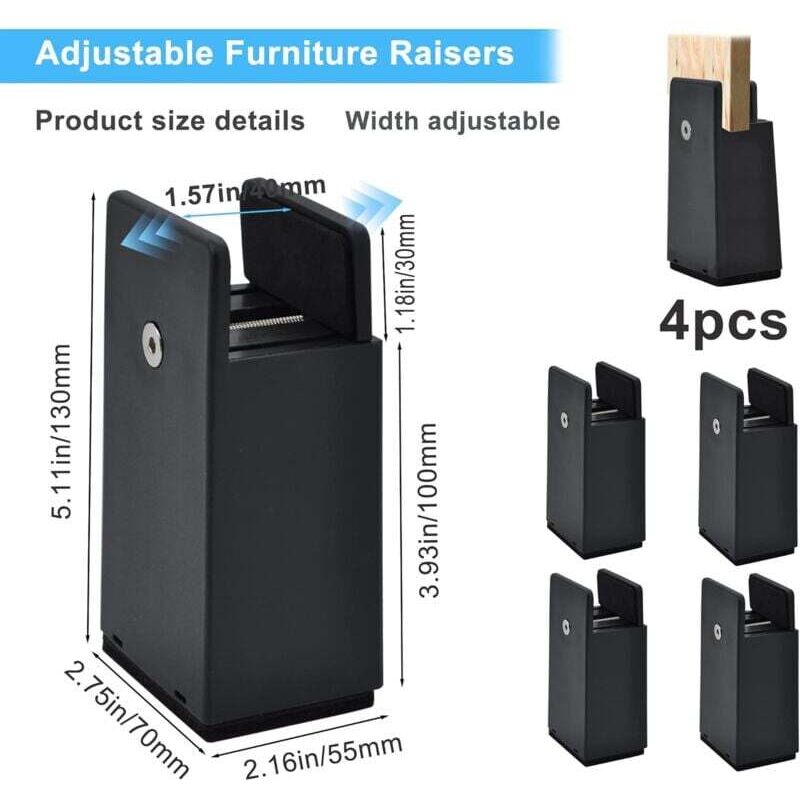 Choyclit - Lot de 4 pieds rehausseurs réglables pour meubles Noir Hauteur 100 mm Convient à 10-37 mm Pied de meuble