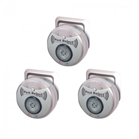 CHOYCLIT Pest Reject Pro set de 3 Repelente de plagas Poder de repulsión Ultrasonido y electromagnetismo Color gris Cobertura de su casa de 200m² Luz nocturna integrada