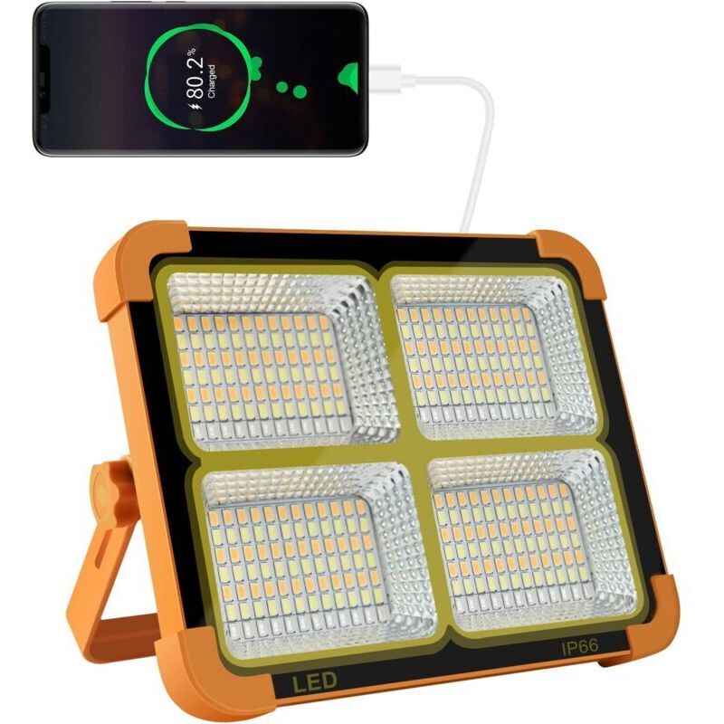 Projecteur led Rechargeable 100W 1200LM Lanterne Portable avec Panneau Solaire et Batterie au lithium 16500, pour Camping, Chantier, Garage, Atelier