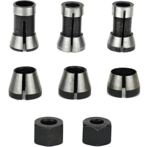 Choyclit – Satz mit 6 Fräsfuttern 6/6,35/8 mm – Kohlenstoffstahl – Spannzangen für Holzbearbeitung – Anwendungen in der Automobil- und Maschinenbauindustrie