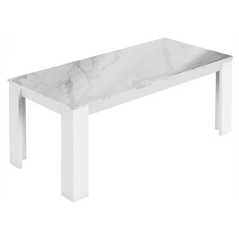 CHRIS WHITE - Table Repas Laquée Blanc Brillant Plateau Imitation Marbre
