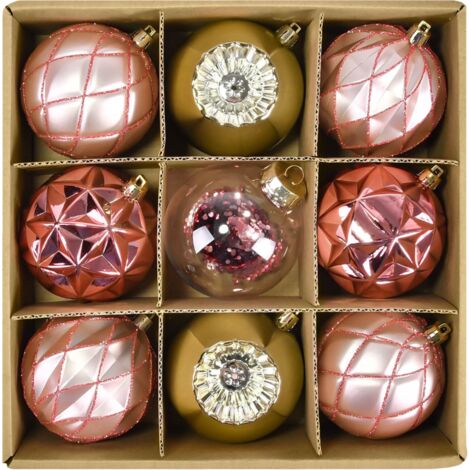 Christbaumkugeln mit Anhänger, bruchsicher, dekorativ, gold, pink, 8 cm, 9 Stück