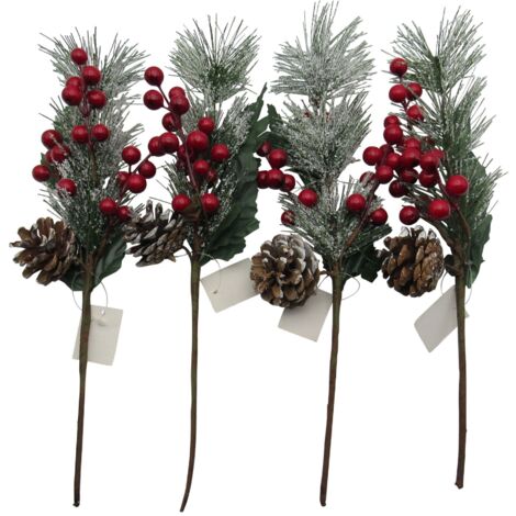Christmas Artificial Snowy Yew Branch Decoration X4 (Festive Berries Plant Ornament Pine Cone)