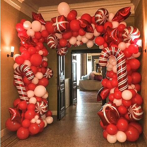 Christmas Balloon Garland Arch kit 144 Pieces with Christmas Red White Candy Balloons Gift Box Balloons Red Star Balloons for Christmas Party Decorations