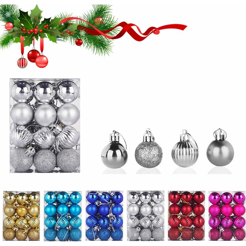 Christmas Balls, 24 Christmas Baubles, Unbreakable Plastic Christmas Baubles for Christmas Baubles Decoration Colorful Ball Pendants (Silver)