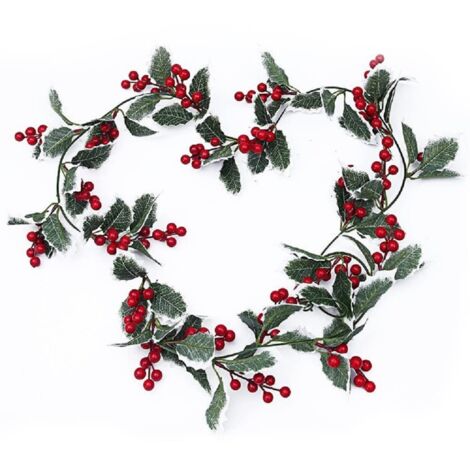 Christmas Berry Holly Garland 200cm Christmas Garland Red Berries Artificial Berry Garland Winter Red Berry Garland with Holly Leaves for Christmas Door Fireplace Staircase
