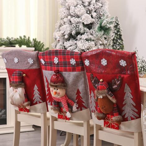TINOR Christmas Chair Covers, 3D Creative Snowman Santa Claus Reindeer Christmas Chair Covers for Kitchen Dining Room(3PCS)