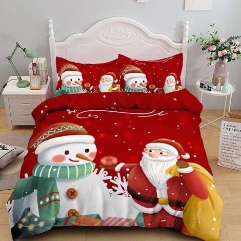Christmas Children's Bedding Set - Duvet Cover - Santa Claus - Snowman Pattern - Christmas Decoration (Red, 135 x 200 cm)