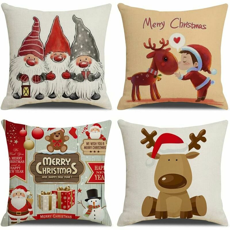 Tumalagia - Christmas Cushion Cover 45X45cm, Set Of 4 Christmas Decorative Cotton And Linen Xmas Sofa Cushion Cover For Couch Bed Bedroom Chair