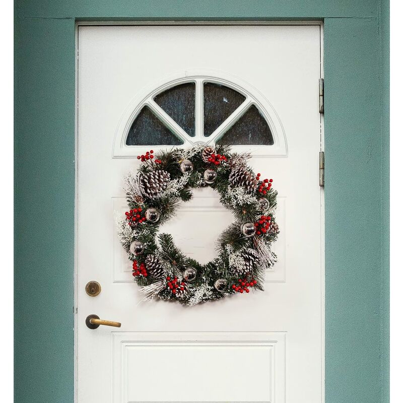 Christmas Door Wreath 50cm Snow Dusted with Baubles Pinecones Hanging Wreath Garland