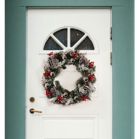 main image of "Christmas Door Wreath 50cm Snow Dusted with Baubles Pinecones Hanging Wreath Garland"