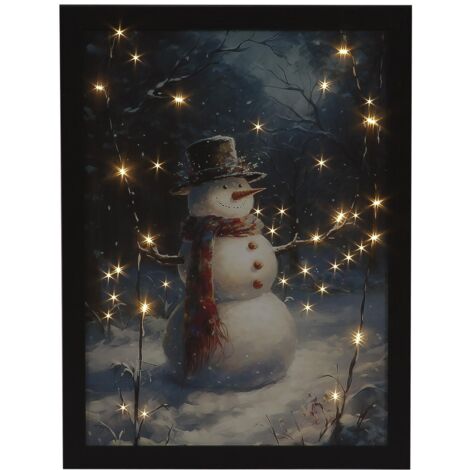 Christmas Fibre Optic Canvas Art Snowman In Winter Snowy Wonderland Light LED