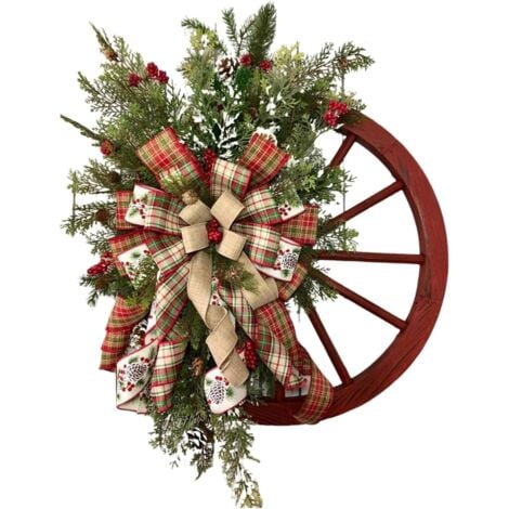 AOUGO Christmas Front Wreath, Christmas Wheel Wreath, Hanging Christmas Wreath, Vintage Pin Tree Berry Wreath Decorative Front Door Christmas Wreath