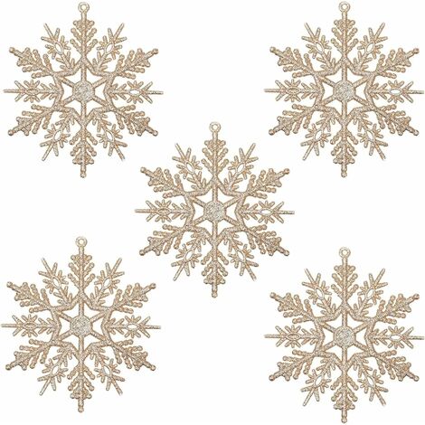 Christmas Glitter Snowflake Ornaments, 10cm Glitter Snowflake Hanging Decorations for Christmas Tree, Pack of 16 (Champagne Gold)