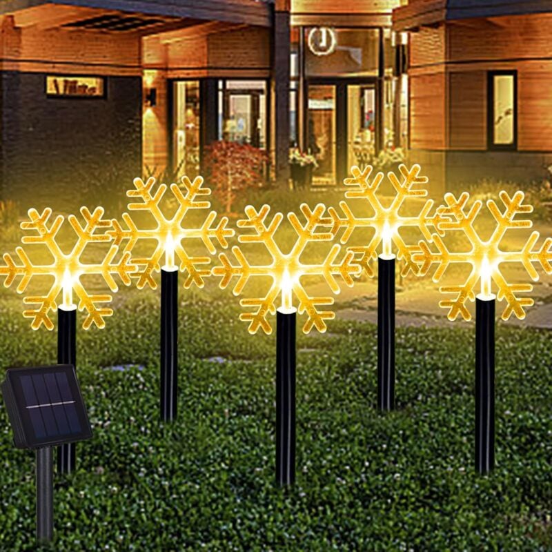 Sevengirl - Christmas Path Lights - Solar Snowflake Lights with Waterproof Outdoor Plug, 5 Pack Decorative Outdoor Lights for Garden, Yard, Street,