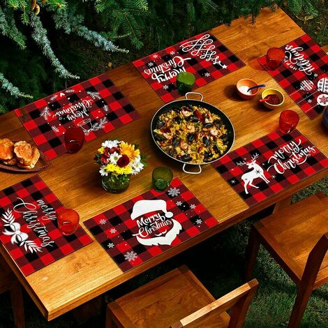 Christmas Placemats, Set of 6 Placemats for Dining Tables, 12×18 Inch Red Black Plaid Linen Washable Placemats, Non-Slip Heat Resistant Christmas Decoration, Kitchen Holiday Placemats