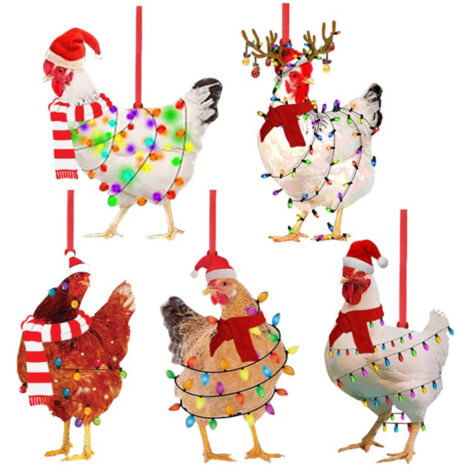 Christmas Scarf Chicken Pendant Cute Xmas Tree Hanging Wooden Chicken Rooster Pendant Indoor Outdoor Festival Party Home Decor