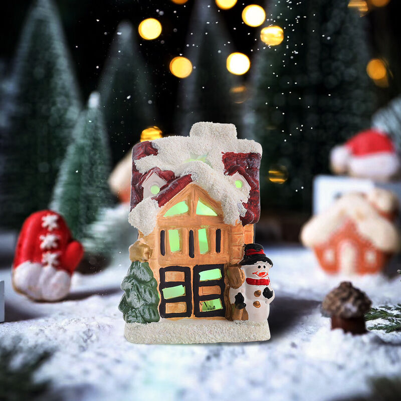 Image of Christmas Shiny Snowy Cabin Table Xmas Tree House Pattern, Christmas Tree Snowman - Livingandhome