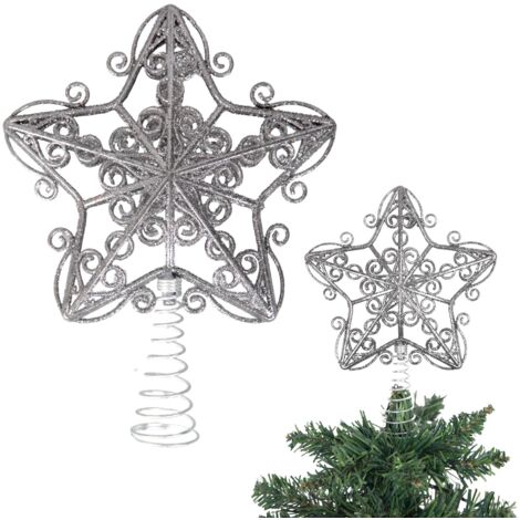 Christmas Silver Glitter Star Tree Topper - Sparkling Star Decoration for Xmas Tree