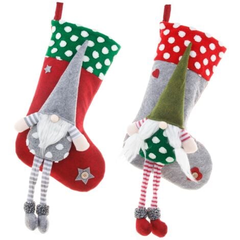 Christmas Stocking Red Green Polka Dot Long Legs Faceless Doll Xmas Socks Gift Bag Holder New Year 2022