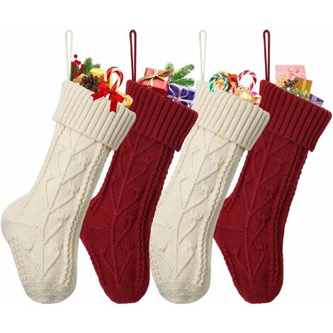 Christmas Stockings 4 Pack, 15 Inch Cable Knit Knitted Xmas Stockings Hanging Socks Rustic Personalized Stocking for Family Holiday Xmas Party Decorations, Cream and Burgundy