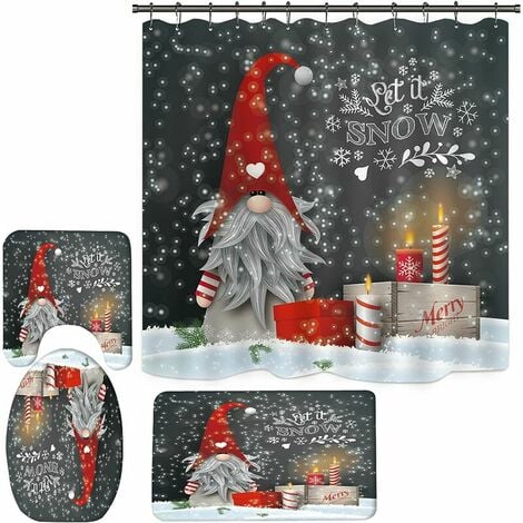 DEWDAT Christmas Themed Shower Curtain Set, Gnomes Shower Curtain for Bathroom, Christmas Shower Curtain with Rug and Mat (M2)