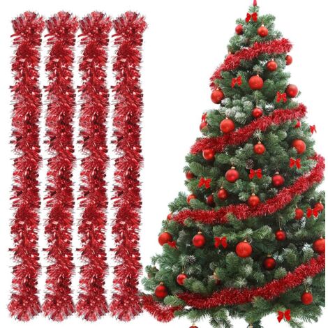 Christmas Tinsel Garland, 4pcs Christmas Tinsel Garlands, 2m Christmas Tree Garland, Metallic Tinsel Garland for Wedding Birthday Party Walls Windows Christmas Tree Decoration - Red
