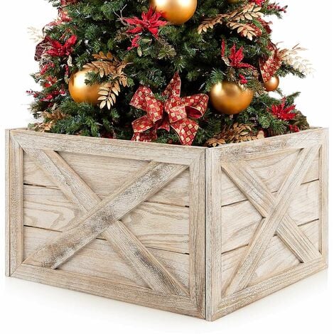 Christmas Tree Collar Box Wooden Tree Box Stand Cover W/ Hook & Loop Fastener
