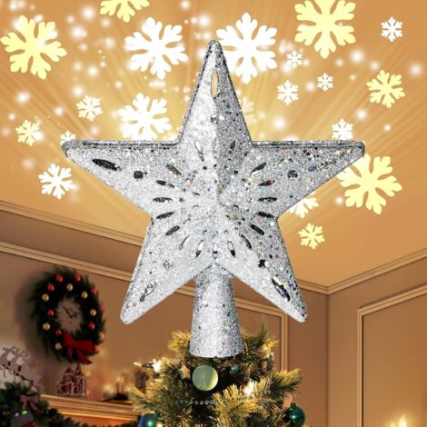 Christmas Tree Light Star with Rotating LED Snowflake Projector, 2 in 1, Gold Glitter, 5 Points, 24cm, for Christmas Tree Decoration(Silver)
