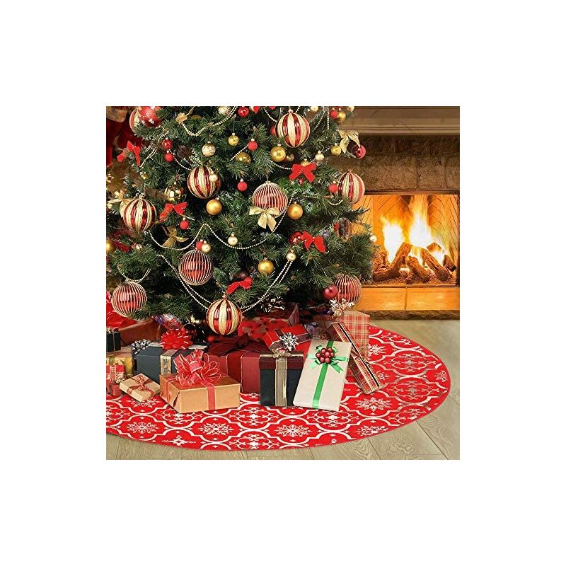 Image of Christmas Tree Skirt, 120cm Christmas Tree Base Gold Snowflake Pattern Carpet, Decorated Red Tree Foot Cover for Christmas New Year Party