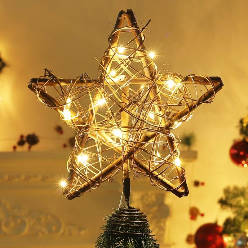 Hiasdfls - Christmas Tree Star, Christmas Tree Topper Lighting Ornament, Wooden Rattan 5-Pointed Star with led Lights for Christmas Tree, Christmas