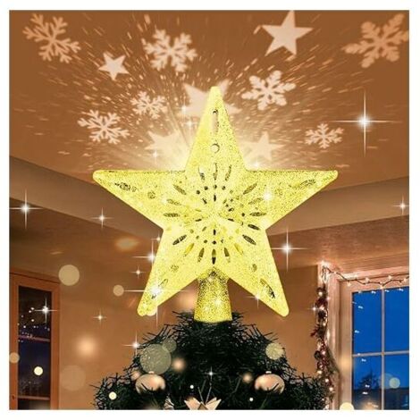 Christmas Tree Star Light, Christmas Tree Star with Rotating LED Snowflake Projector Lamp, 3D Golden Christmas Star for Indoor Outdoor Christmas Decoration, Powered by 4M USB