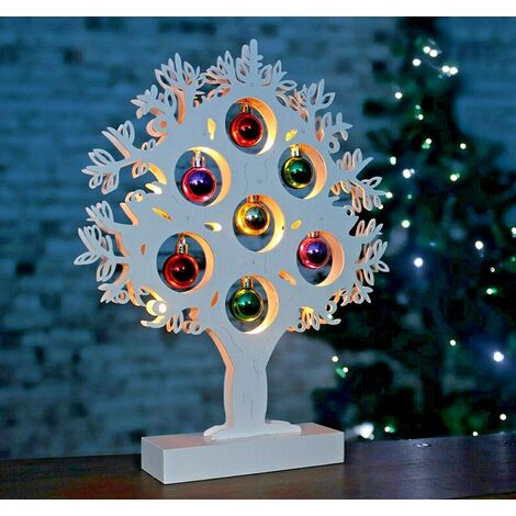 Christmas Tree Wooden Light Ormanent LED Xmas Tree Decoration Lit Up Xmas Centerpiece Multi Coloured Baubles Warm White LED Lights