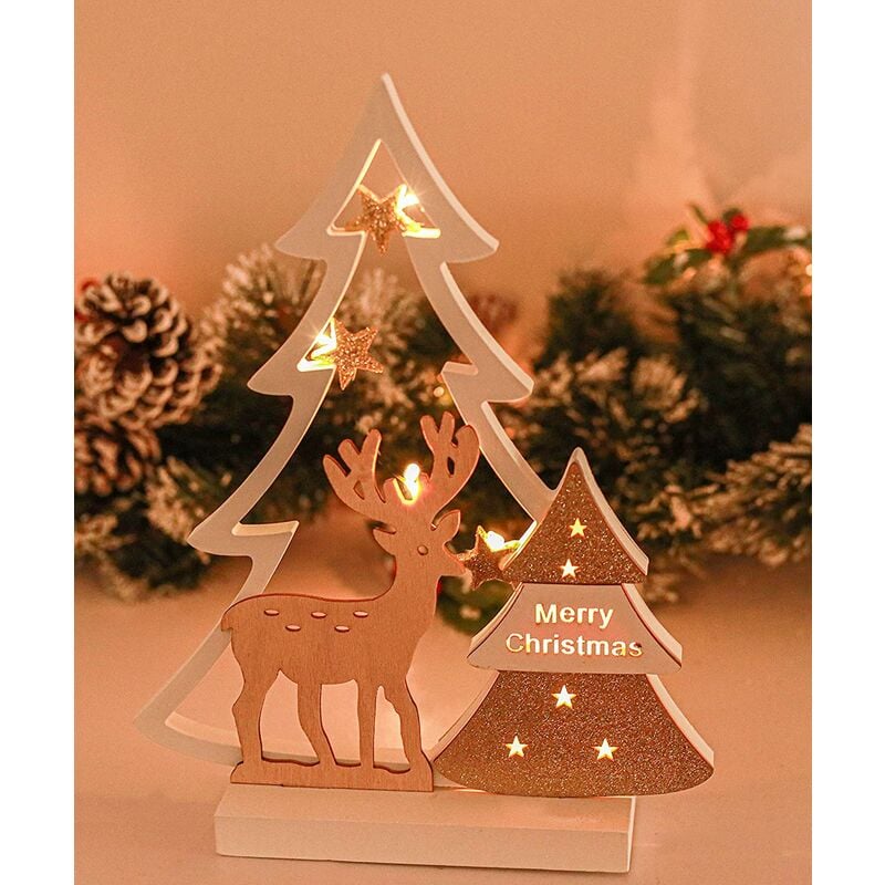 Christmas Wooden Tree & Reindeer Scene with LED Lighting Xmas Ornament Warm White LED Lights Festive Decoration