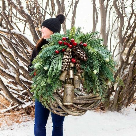 Christmas wreath artificial Christmas wreath with pine berries cotton ball Christmas front door hanging wreath family party decoration Christmas decoration 50cm