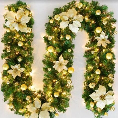 SWYEOOT Christmas Wreath with Lights 270cm Warm White Christmas Wreath Fir Garland Artificial Christmas Decorations Garland for Home Decor Fireplaces Stairs Wall Door Gold