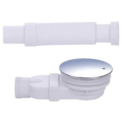 Chrom-Duschwanne mit extraflachem Siphon und 90-mm-Ablauf, seitlicher Ablaufsiphon mit Anti-Geruchssystem, Haarsieb, flexibler Schlauch, Chromabdeckung, weiß, einteilig
