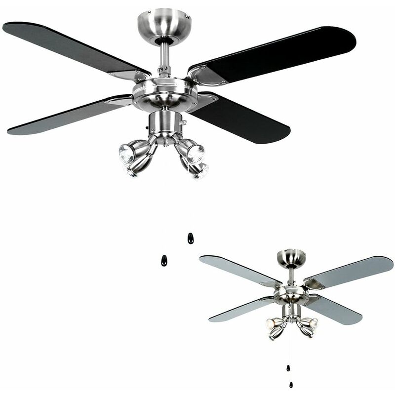 Chrome 42 107cm Ceiling Fan Spot Lights Black Silver Reversible Blades