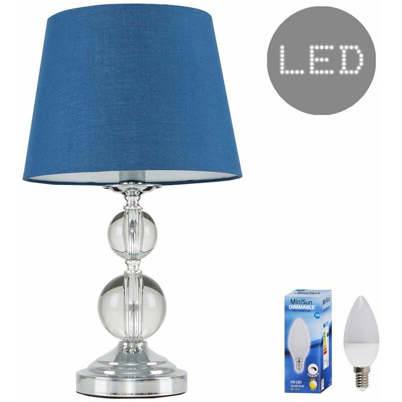 Chrome and Acrylic Ball Touch Dimmer Table Lamp With Light Shade - Navy Blue - Including LED Bulb