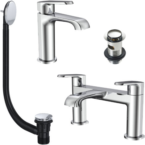 Chrome Basin Sink Tap & Bath Filler Set with Matching Waste Plugs