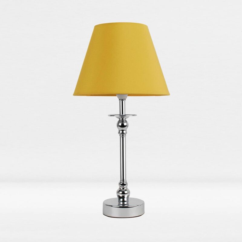 Chrome Plated Bedside Table Light with Detailed Column and Ochre Fabric Shade