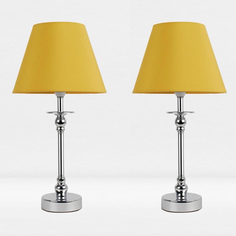 Set of 2 Chrome Plated Bedside Table Light with Detailed Column and Ochre Fabric Shade