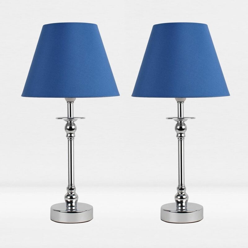 Set of 2 Chrome Plated Bedside Table Light with Detailed Column and Blue Fabric Shade