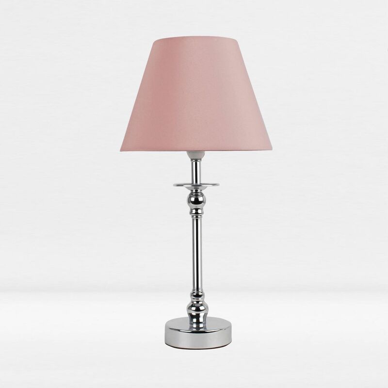Chrome Plated Bedside Table Light with Detailed Column and Blush Pink Fabric Shade