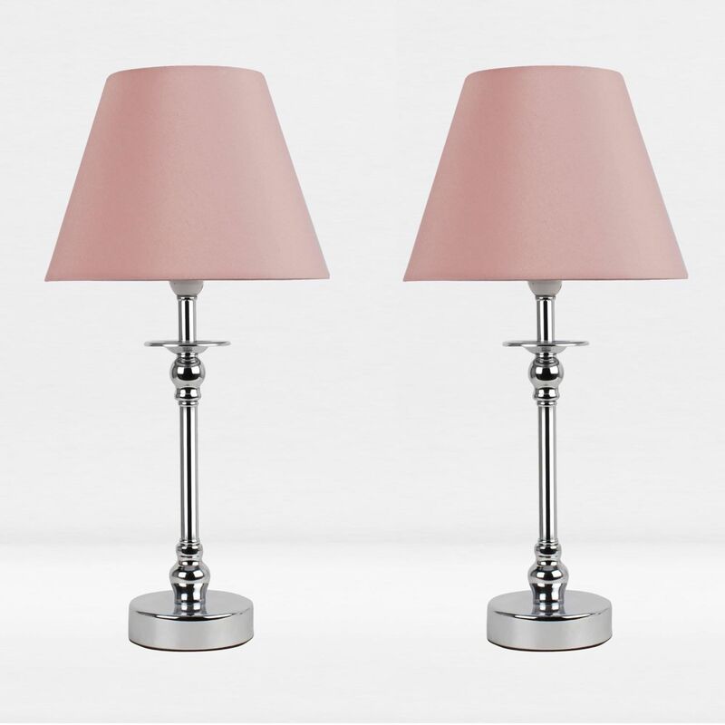 Set of 2 Chrome Plated Bedside Table Light with Detailed Column and Blush Pink Fabric Shade