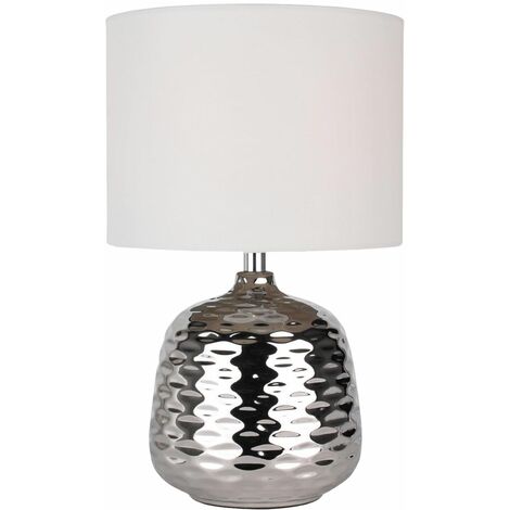 main image of "Metallic Silver Chrome Ceramic Dimple Table Lamp Bedside Lights White Grey Shade"