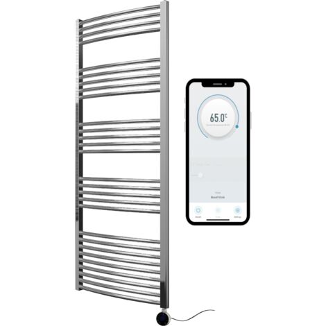 Chrome Electric Smart WiFi Controlled Heated Towel Rail 600mm W x 1600mm H Curved 7 Day Programmable Timer App Compatibility