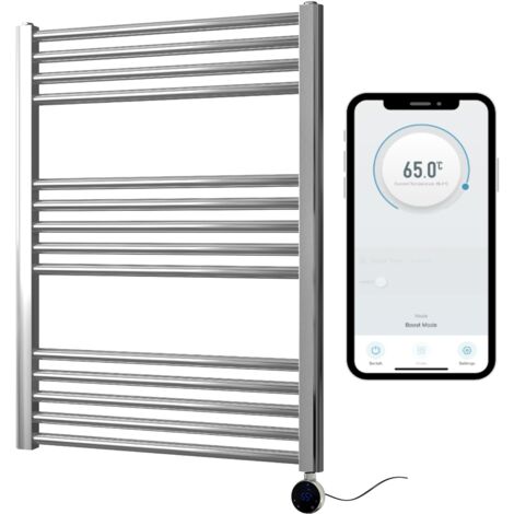 Chrome Electric Smart WiFi Controlled Heated Towel Rail 600mm W x 800mm H Straight 7 Day Programmable Timer App Compatibility