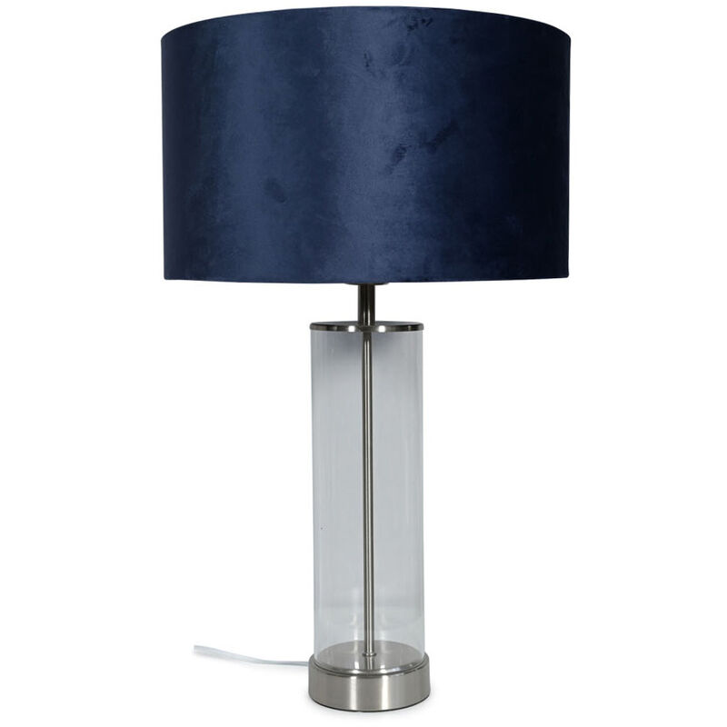 Clear Tube Table Lamp Chrome Light Velvet Drum Shade Living Room Bedroom Bedside - Navy + led Bulb