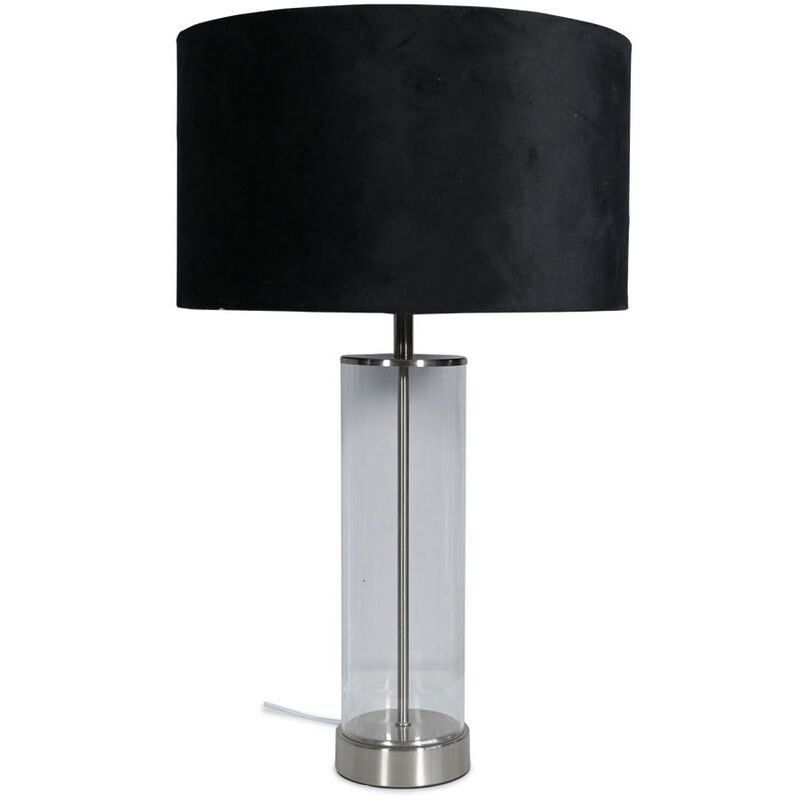 Clear Tube Table Lamp Chrome Light Velvet Drum Shade Living Room Bedroom Bedside - Black + led Bulb